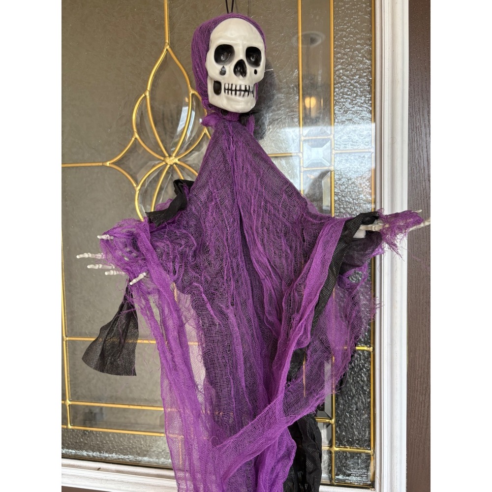 Hanging Halloween Skeleton Reaper Decoration Purple Black Tattered Mesh Ghoul
